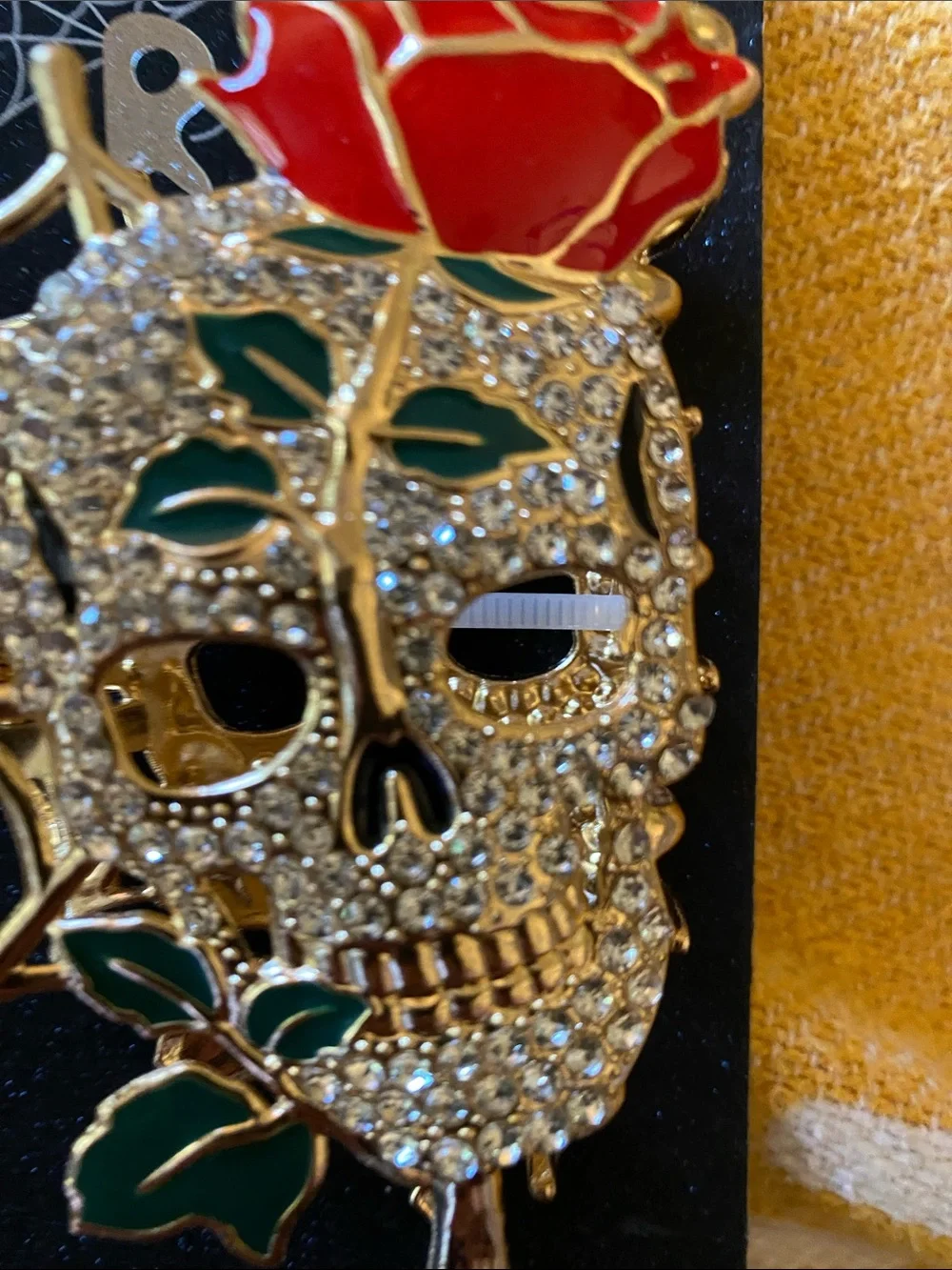 Nicole Miller Gold-Tone Crystal Skull Hair Pin with Red Rose and Green Leaves